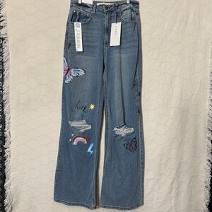 Tinseltown High-Rise Wide-Leg Butterfly Jeans Size 11 Raw Hem